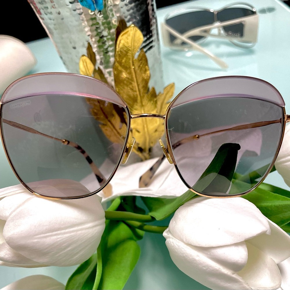 Miu Miu Gold & tortoise Purplish gray Sunglasse Square aviator Frames with case - Picture 3 of 17